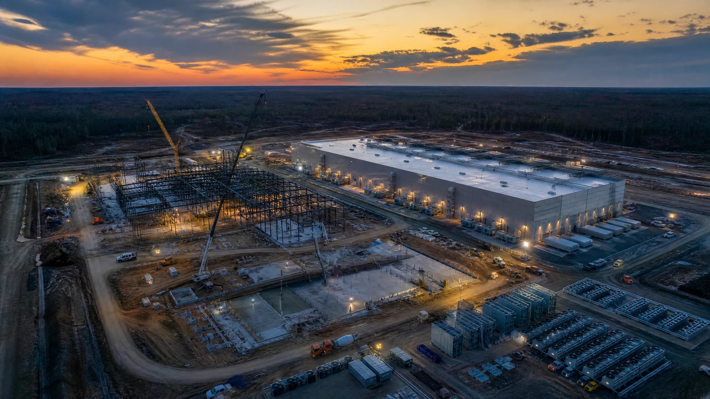 Aerial construction site at dusk